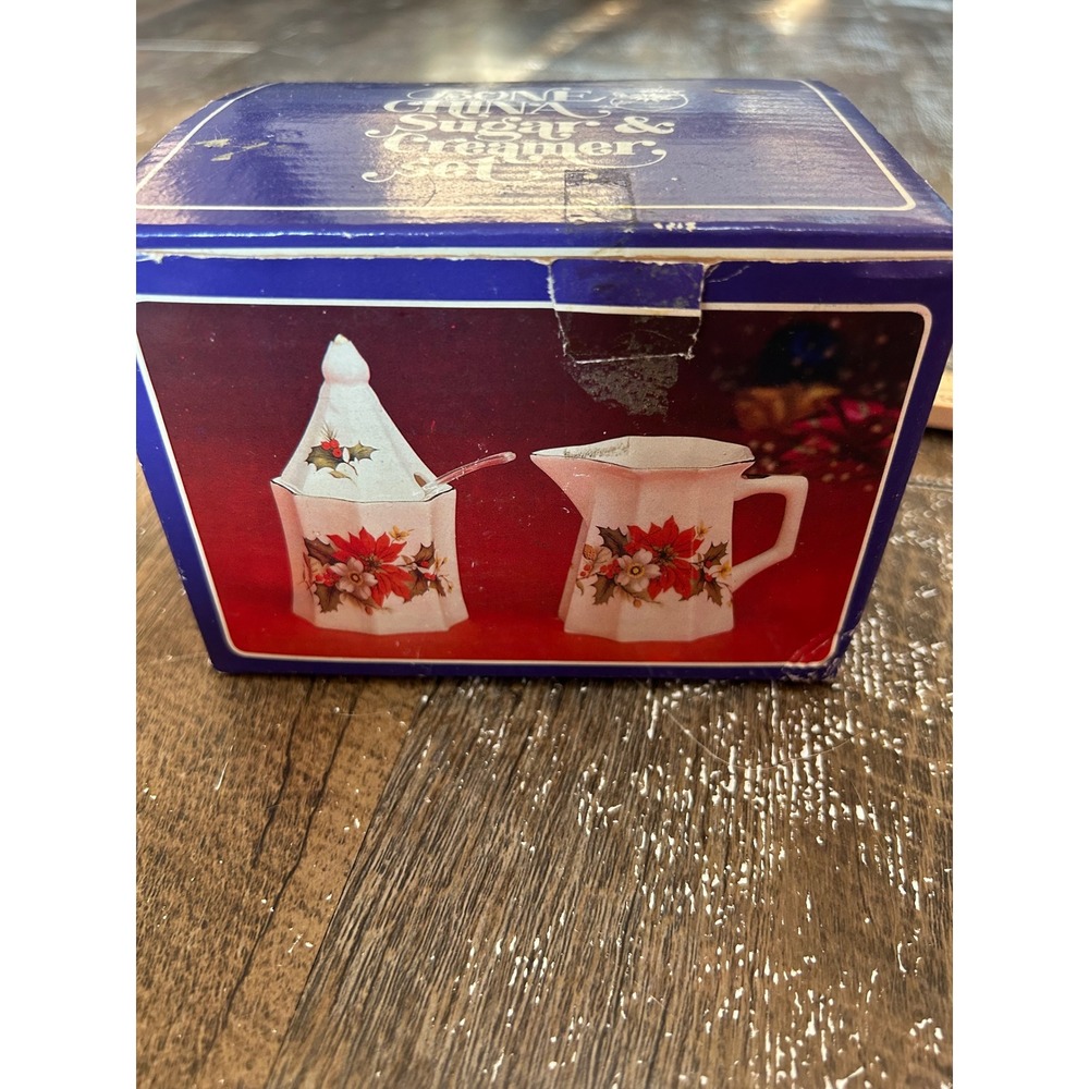 Vintage Woolworth Christmas Poinsettia Bone China Sugar & Creamer Set  NEW